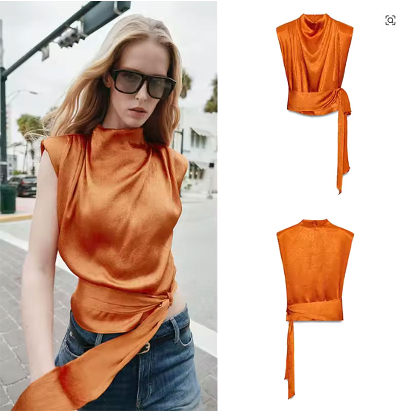 Silk Blouse - Top Corto sin Mangas con Cuello