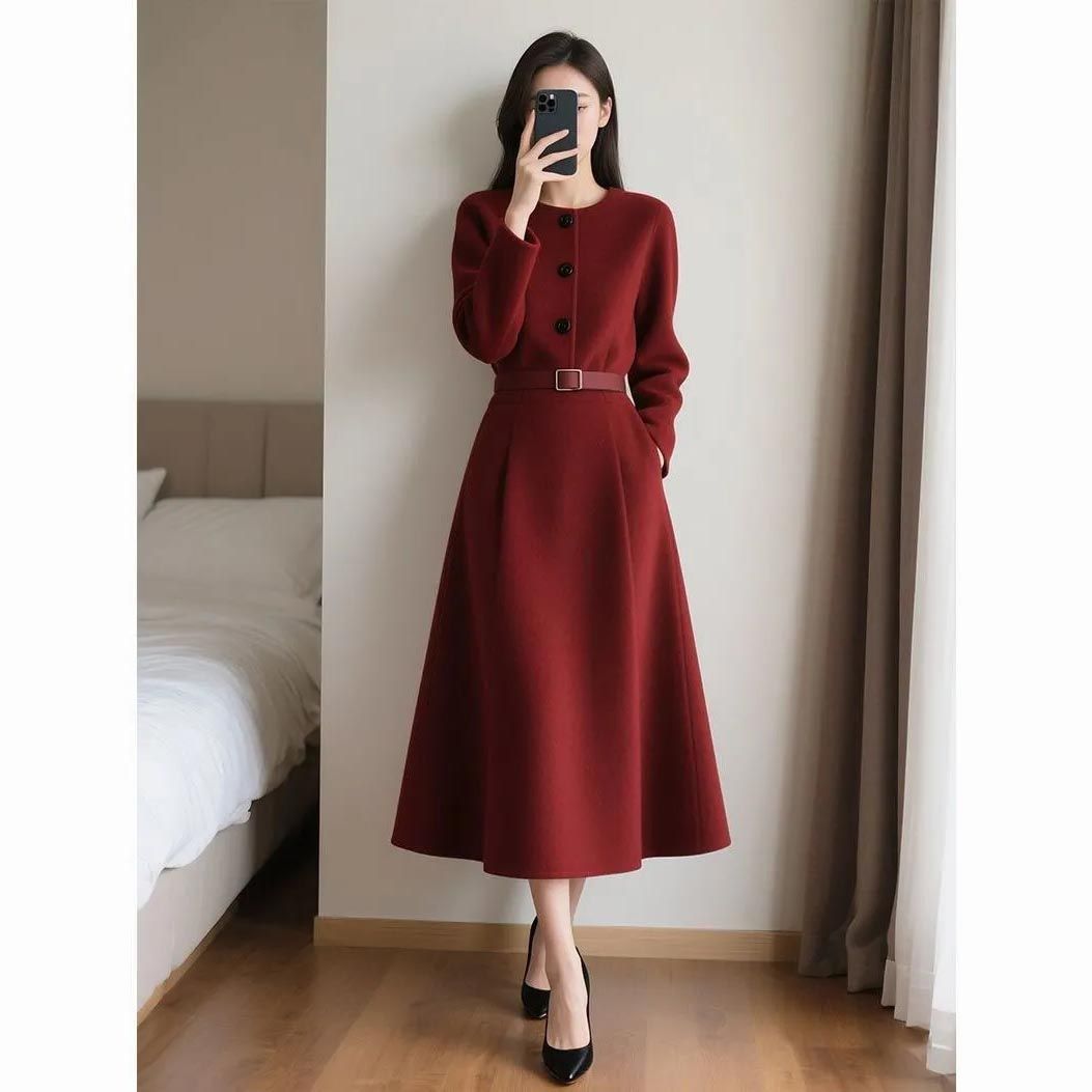 Women'S Red Formal Wear - Vestido de manga larga con cinturón